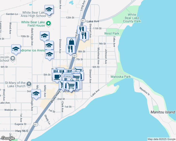map of restaurants, bars, coffee shops, grocery stores, and more near 2250 6th Street in White Bear Lake