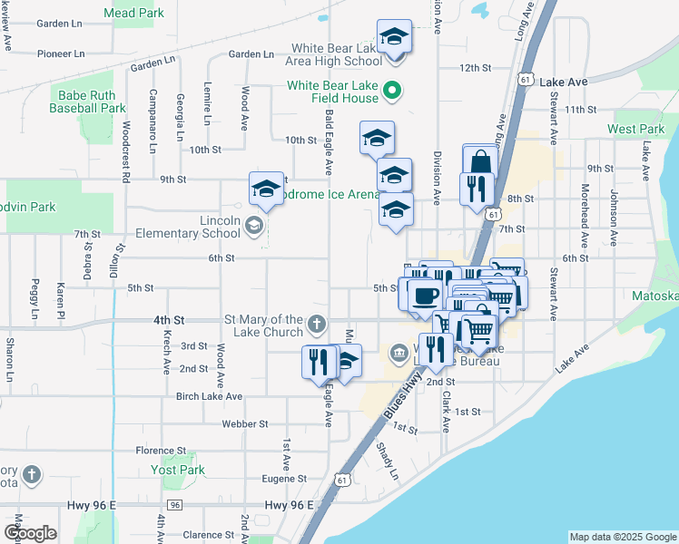 map of restaurants, bars, coffee shops, grocery stores, and more near 4816 Bald Eagle Avenue in White Bear Lake