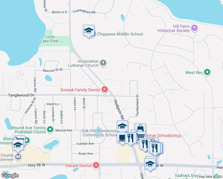 map of restaurants, bars, coffee shops, grocery stores, and more near 4818 Hodgson Road in Shoreview