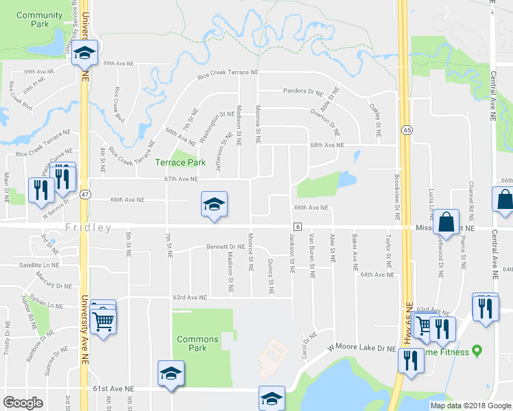 map of restaurants, bars, coffee shops, grocery stores, and more near 6545 Monroe Street Northeast in Minneapolis