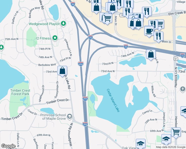 map of restaurants, bars, coffee shops, grocery stores, and more near 12961 73rd Ave N in Maple Grove