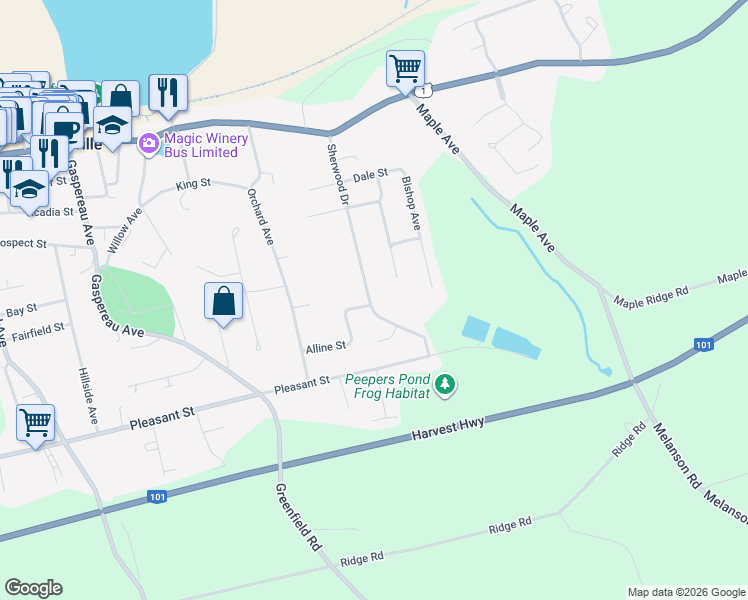 map of restaurants, bars, coffee shops, grocery stores, and more near 69 Sherwood Drive in Wolfville