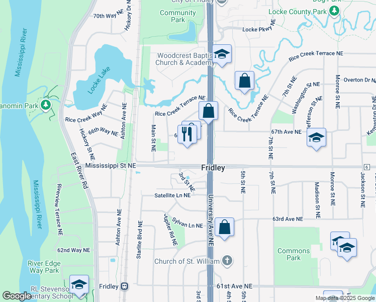 map of restaurants, bars, coffee shops, grocery stores, and more near 6538 University Avenue Northeast in Fridley