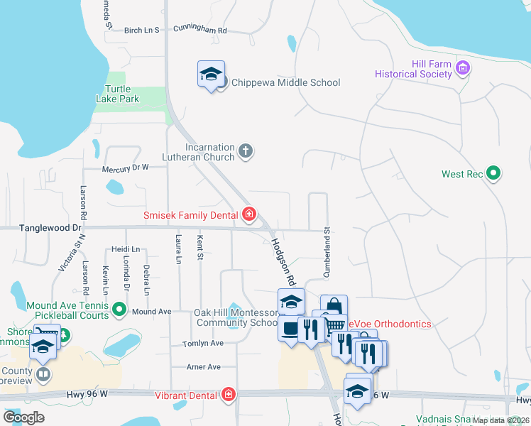 map of restaurants, bars, coffee shops, grocery stores, and more near 4818 Hodgson Road in Shoreview
