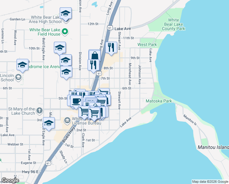 map of restaurants, bars, coffee shops, grocery stores, and more near 2250 6th Street in White Bear Lake