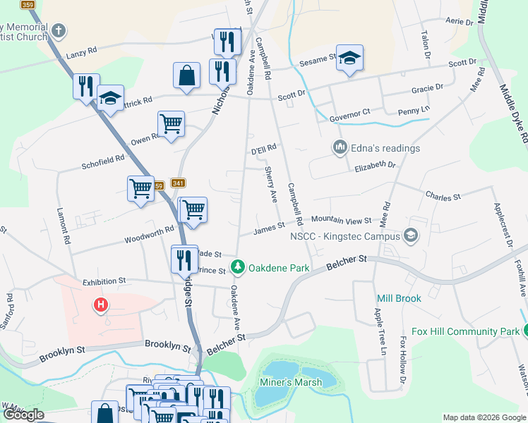 map of restaurants, bars, coffee shops, grocery stores, and more near 14 Smith Avenue in Kentville
