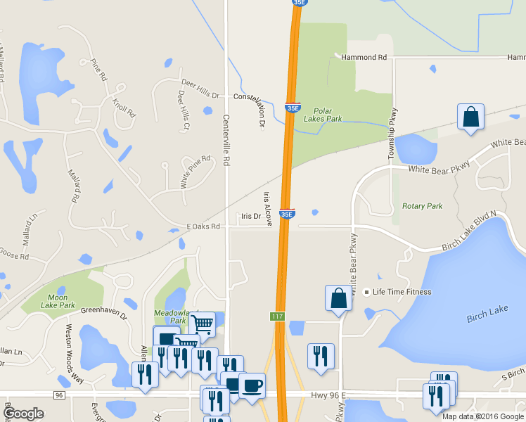 map of restaurants, bars, coffee shops, grocery stores, and more near 1133 Iris Drive in White Bear Lake