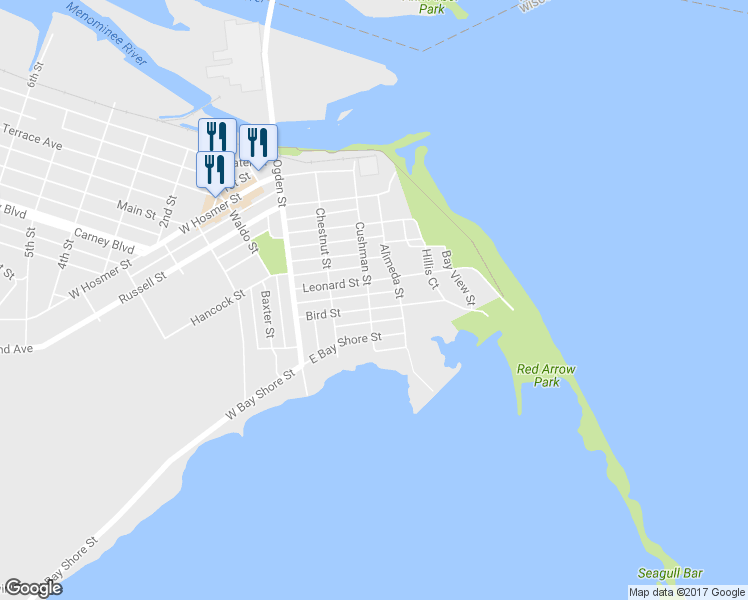 map of restaurants, bars, coffee shops, grocery stores, and more near 521 Cushman Street in Marinette