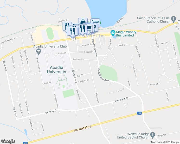 map of restaurants, bars, coffee shops, grocery stores, and more near 14 Hillside Avenue in Wolfville