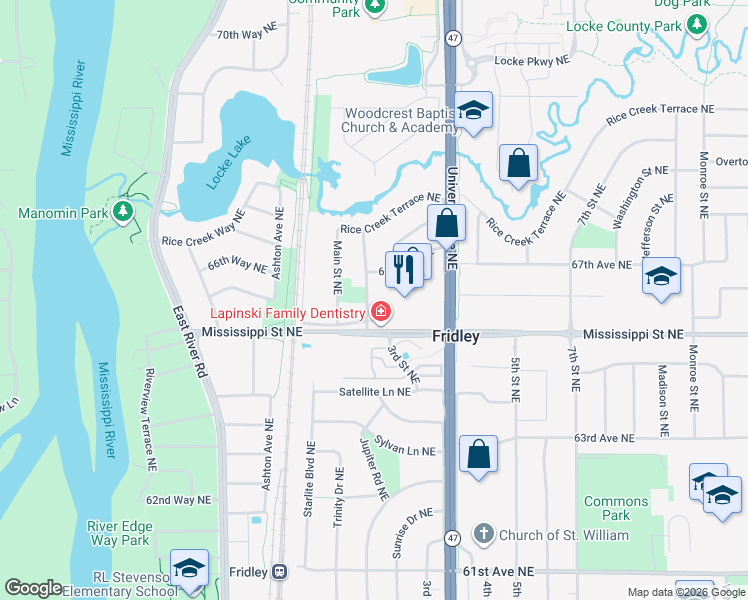 map of restaurants, bars, coffee shops, grocery stores, and more near 6530 2nd Street Northeast in Minneapolis