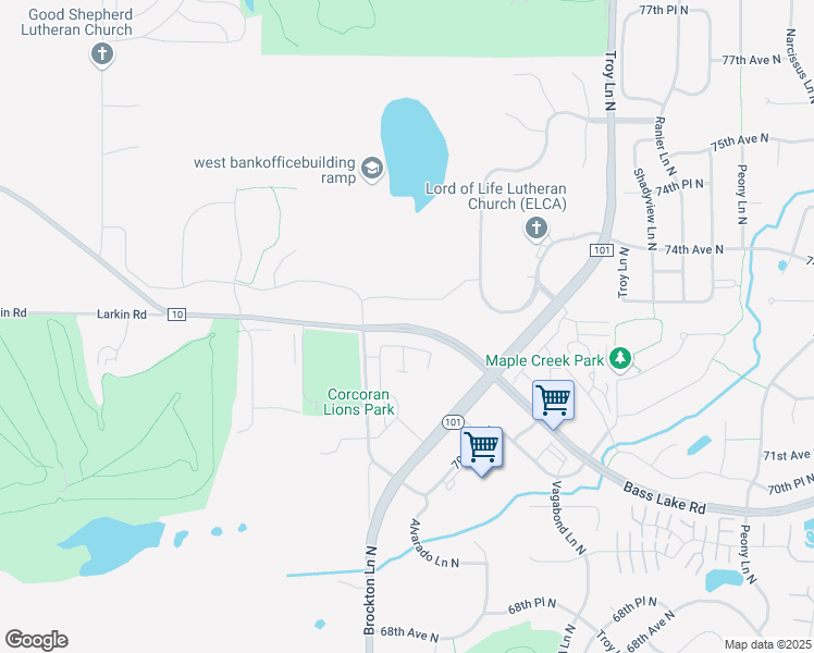 map of restaurants, bars, coffee shops, grocery stores, and more near 18480 County Road 10 in Maple Grove