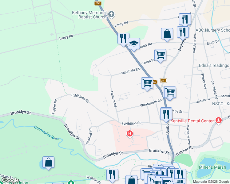 map of restaurants, bars, coffee shops, grocery stores, and more near 353 Lamont Road in Kentville