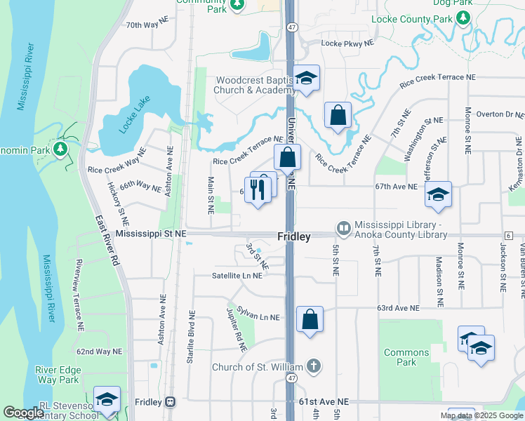 map of restaurants, bars, coffee shops, grocery stores, and more near 6530 University Avenue Northeast in Fridley