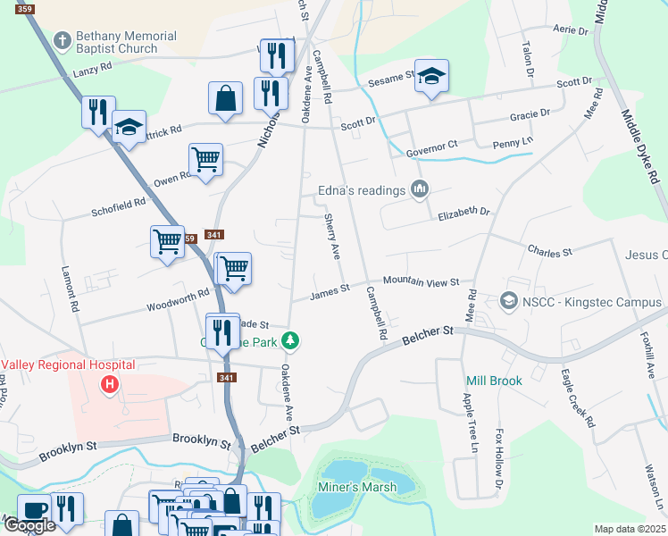 map of restaurants, bars, coffee shops, grocery stores, and more near 13 Sherry Avenue in Kentville