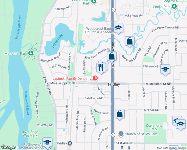 map of restaurants, bars, coffee shops, grocery stores, and more near 6530 2nd Street Northeast in Minneapolis