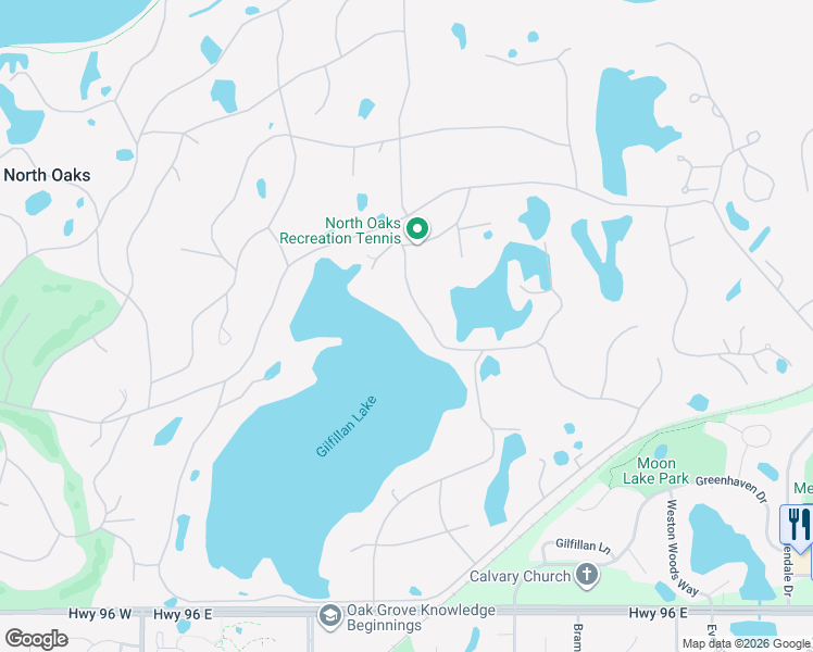 map of restaurants, bars, coffee shops, grocery stores, and more near 24 Duck Pass Road in North Oaks
