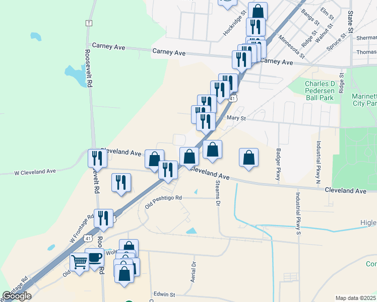 map of restaurants, bars, coffee shops, grocery stores, and more near 1827 Marinette Avenue in Marinette