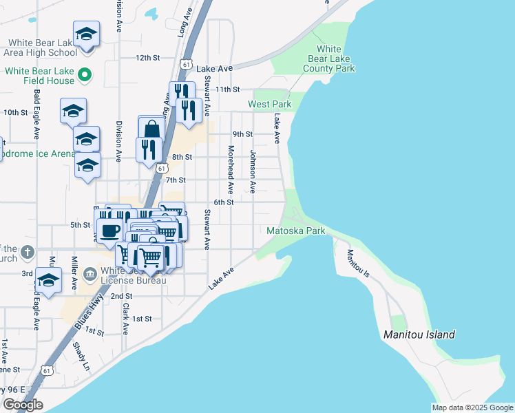 map of restaurants, bars, coffee shops, grocery stores, and more near 2322 6th Street in White Bear Lake