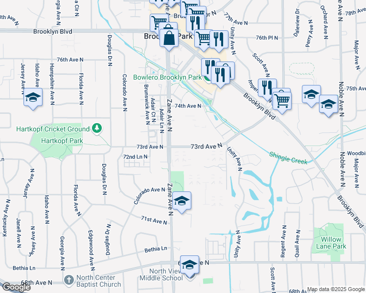 map of restaurants, bars, coffee shops, grocery stores, and more near 5840 73rd Avenue North in Brooklyn Park