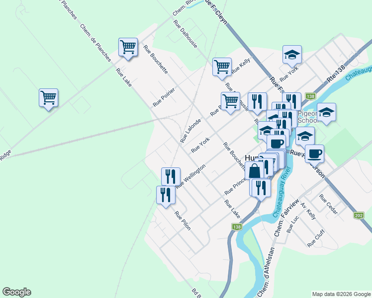 map of restaurants, bars, coffee shops, grocery stores, and more near 67 Rue Lake in Huntingdon