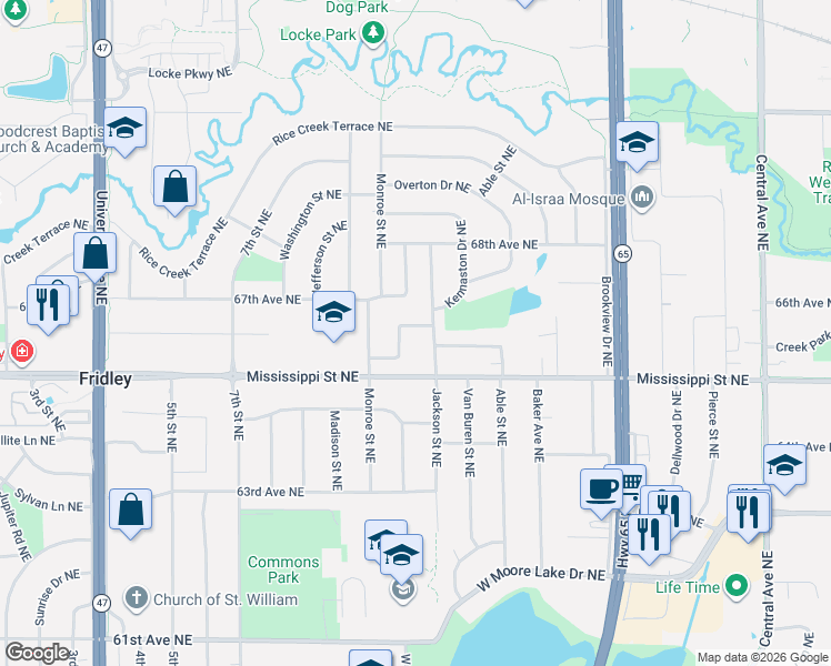 map of restaurants, bars, coffee shops, grocery stores, and more near 6536 Clover Place Northeast in Fridley