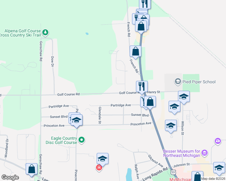 map of restaurants, bars, coffee shops, grocery stores, and more near 1138-1340 Golf Course Road in Alpena
