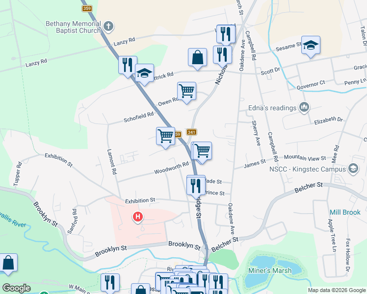 map of restaurants, bars, coffee shops, grocery stores, and more near 350 Bridge Street in Kentville
