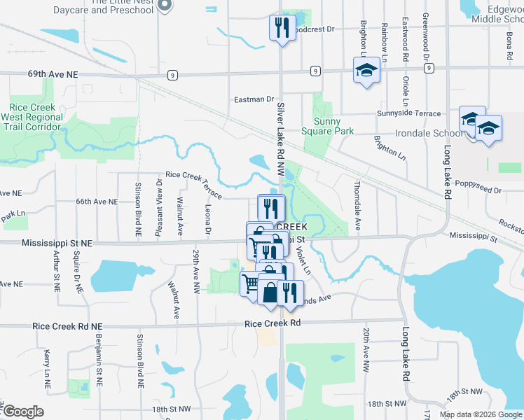 map of restaurants, bars, coffee shops, grocery stores, and more near 803 Old Highway 8 Northwest in New Brighton