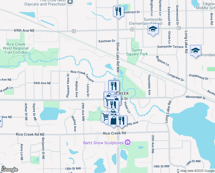 map of restaurants, bars, coffee shops, grocery stores, and more near 2580 22nd Terrace Northwest in New Brighton