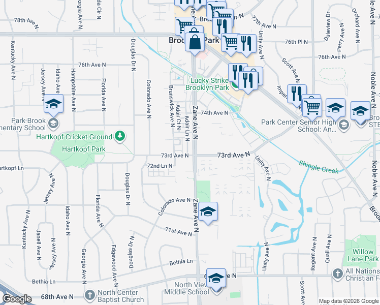 map of restaurants, bars, coffee shops, grocery stores, and more near 7301 Zane Avenue North in Minneapolis