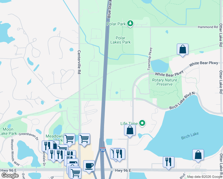 map of restaurants, bars, coffee shops, grocery stores, and more near 1185 Birch Lake Boulevard North in White Bear Lake