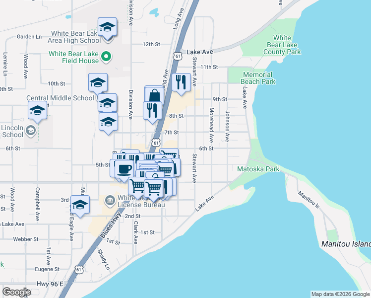 map of restaurants, bars, coffee shops, grocery stores, and more near 2250 6th Street in White Bear Lake