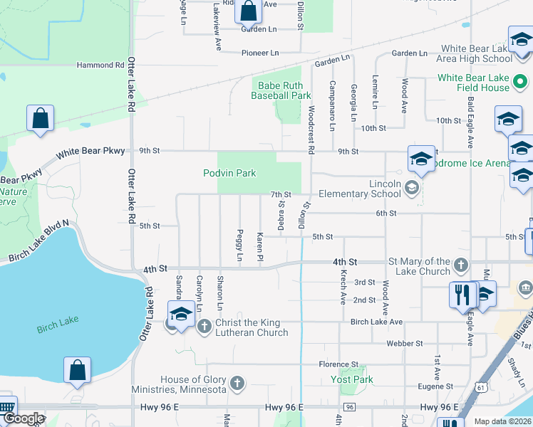 map of restaurants, bars, coffee shops, grocery stores, and more near 4815 Debra Street in White Bear Lake