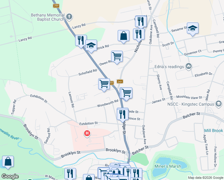 map of restaurants, bars, coffee shops, grocery stores, and more near 350 Bridge Street in Kentville