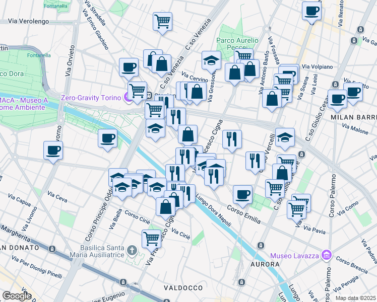 map of restaurants, bars, coffee shops, grocery stores, and more near 71 Via Francesco Cigna in Torino