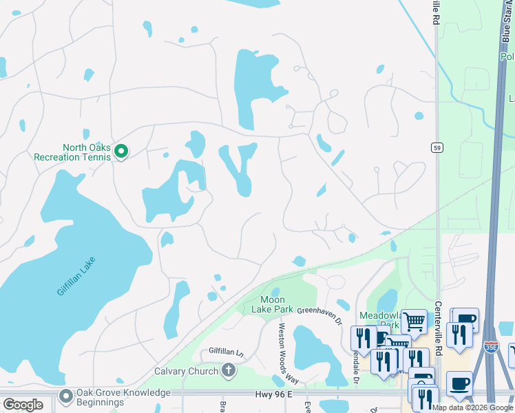 map of restaurants, bars, coffee shops, grocery stores, and more near 2 Robb Farm Road in North Oaks