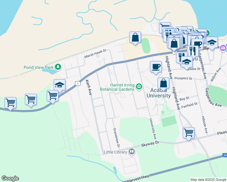 map of restaurants, bars, coffee shops, grocery stores, and more near 30 Wickwire Avenue in Wolfville