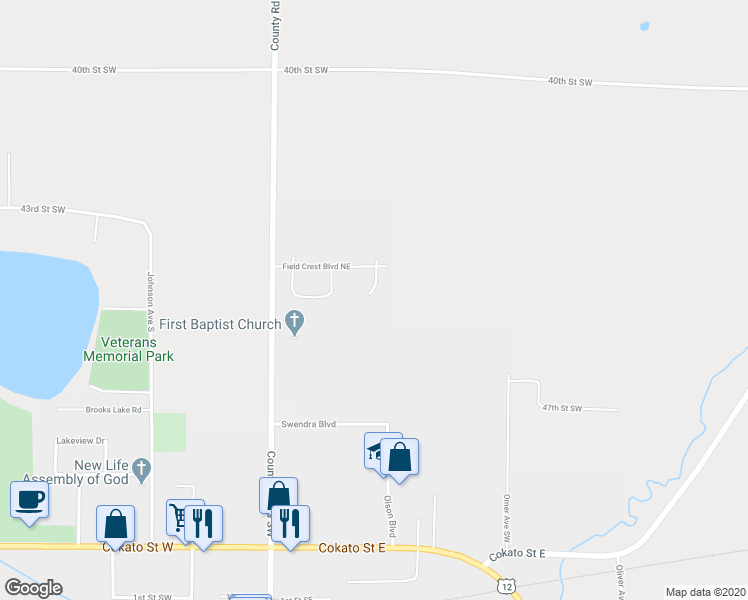 map of restaurants, bars, coffee shops, grocery stores, and more near 355 Chestnut Avenue Northeast in Cokato