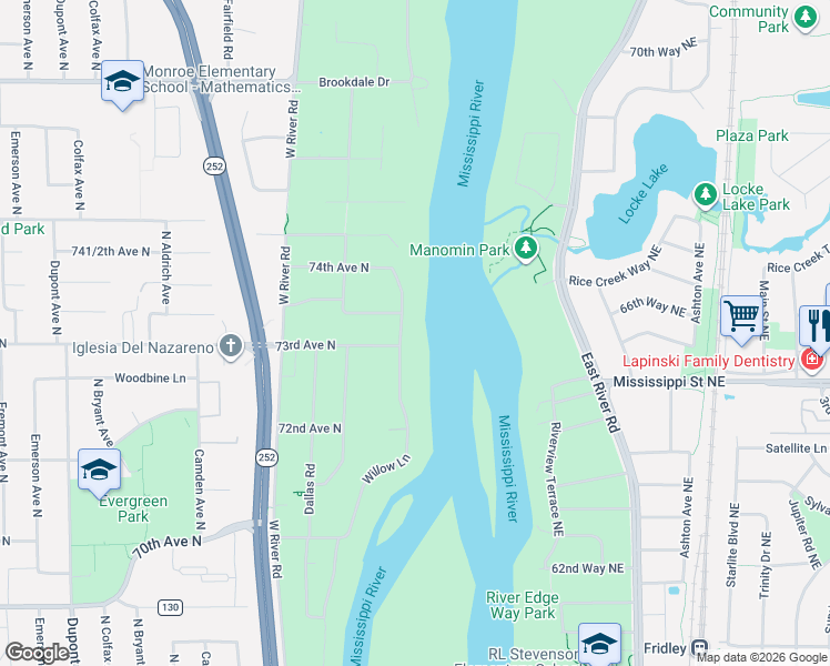 map of restaurants, bars, coffee shops, grocery stores, and more near 7242 Willow Lane in Brooklyn Center