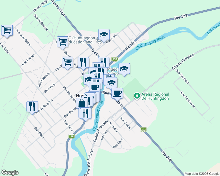 map of restaurants, bars, coffee shops, grocery stores, and more near 4A Rue Henderson in Huntingdon