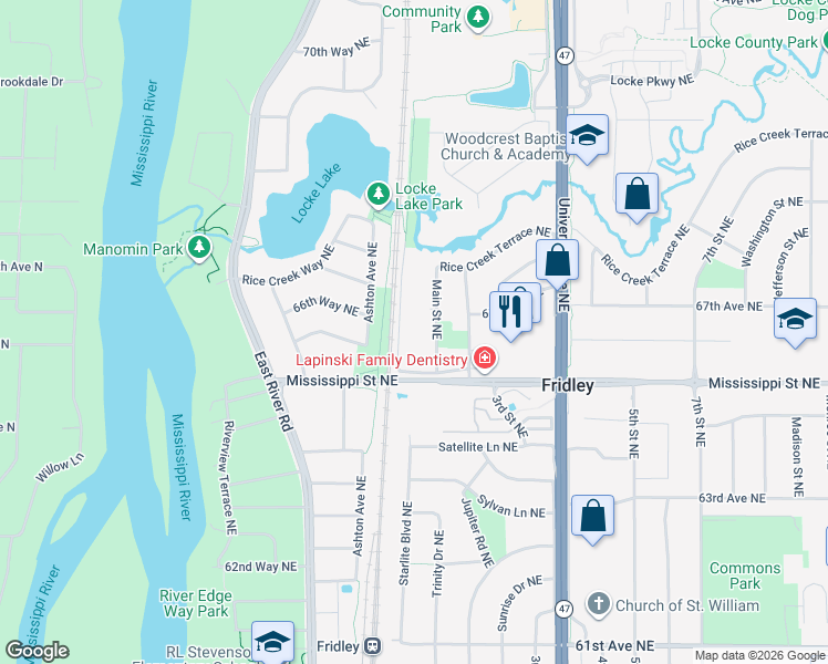 map of restaurants, bars, coffee shops, grocery stores, and more near 6536 Main Street Northeast in Fridley
