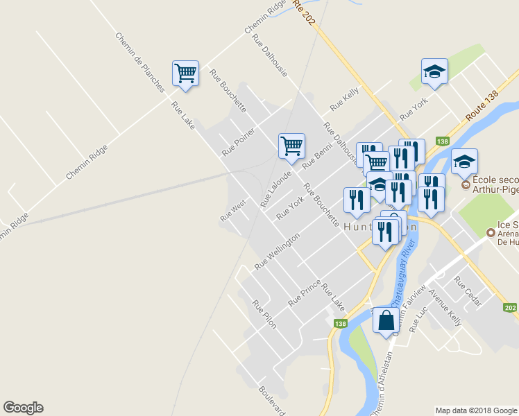 map of restaurants, bars, coffee shops, grocery stores, and more near Rue Lake in Huntingdon