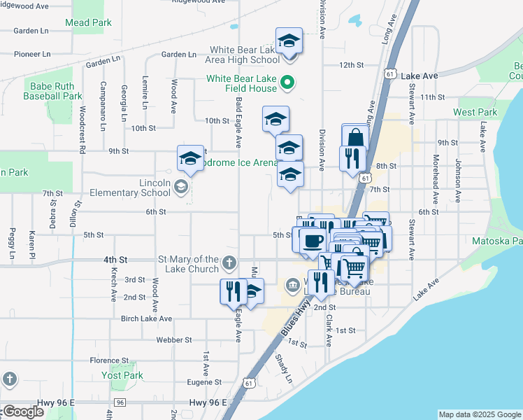 map of restaurants, bars, coffee shops, grocery stores, and more near 4814 Central Avenue in White Bear Lake