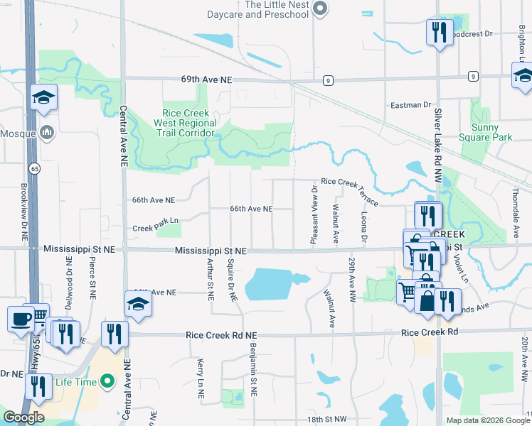 map of restaurants, bars, coffee shops, grocery stores, and more near 1604 66th Avenue Northeast in Fridley