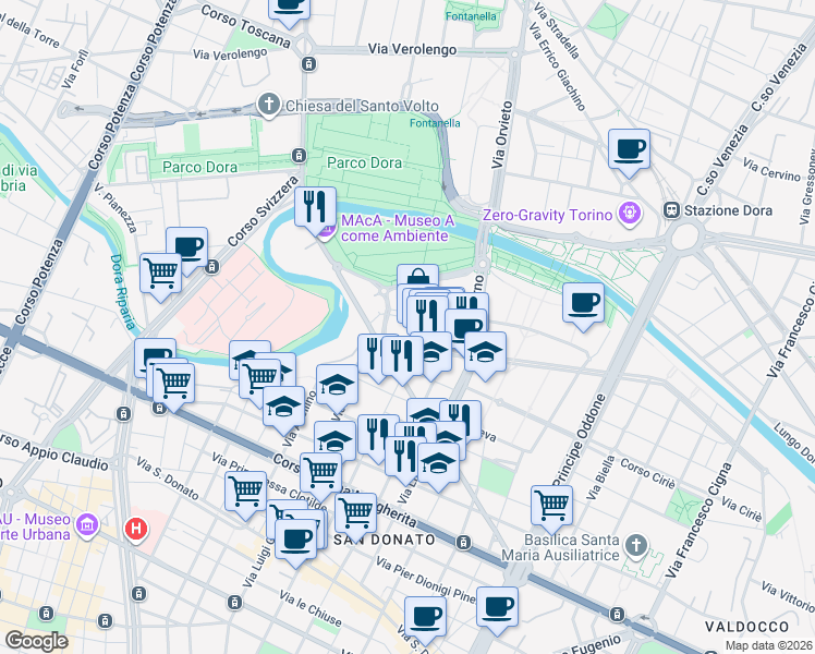 map of restaurants, bars, coffee shops, grocery stores, and more near 7 Via Antonello da Messina in Torino