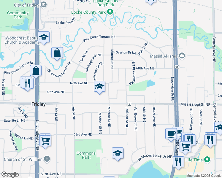 map of restaurants, bars, coffee shops, grocery stores, and more near 615 Mississippi Street Northeast in Fridley