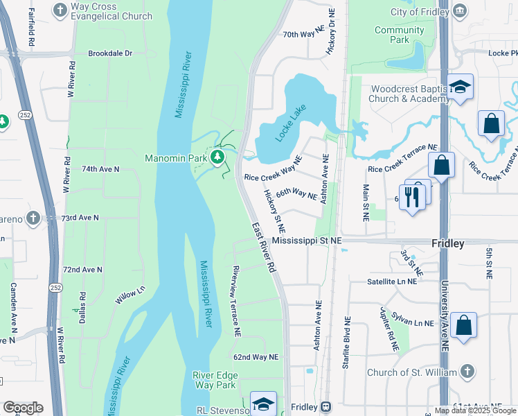 map of restaurants, bars, coffee shops, grocery stores, and more near 6506 Hickory Street Northeast in Fridley