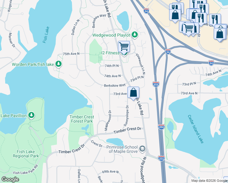 map of restaurants, bars, coffee shops, grocery stores, and more near 13660 73rd Ave N in Maple Grove