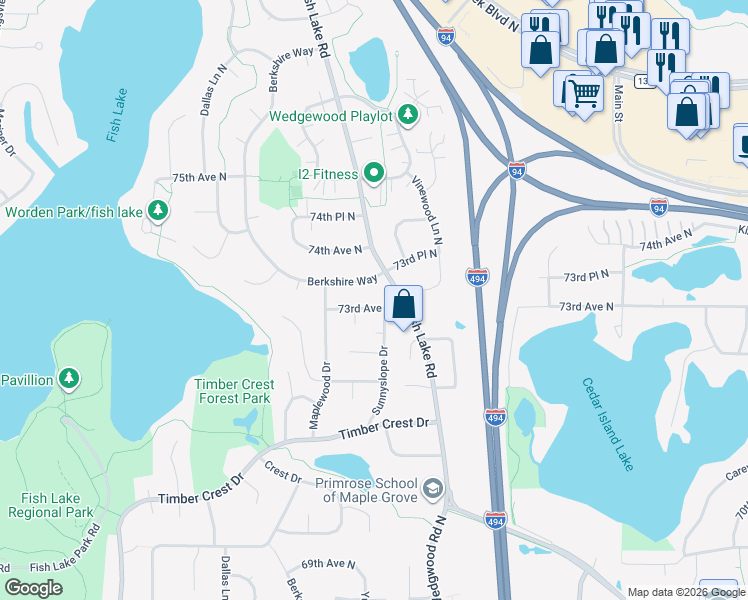 map of restaurants, bars, coffee shops, grocery stores, and more near 7268 73rd Avenue North in Maple Grove