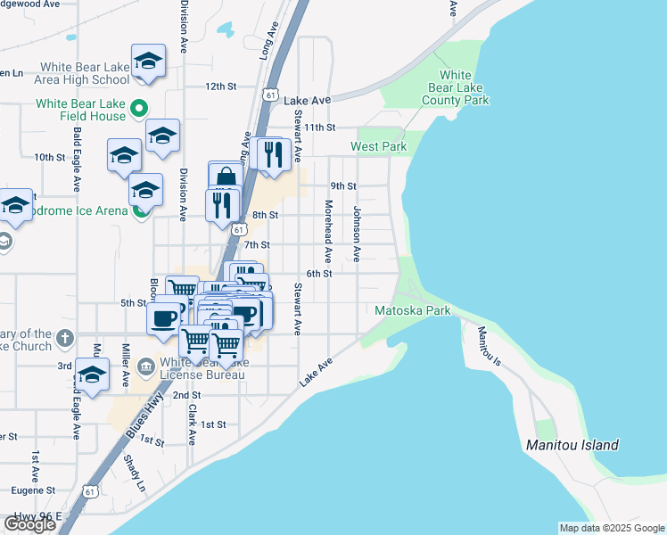 map of restaurants, bars, coffee shops, grocery stores, and more near 2292 6th Street in White Bear Lake
